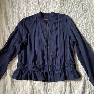 Halogen Ruffle Hem Zip Front Jacket in Navy